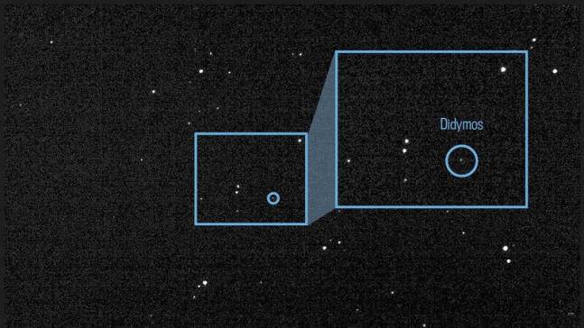 7월 27일 다트 우주선의 카메라가 3200만km 거리에서 촬영한 소행성 디모르포스. 243개의 사진을 합성한 것이다. NASA 제공