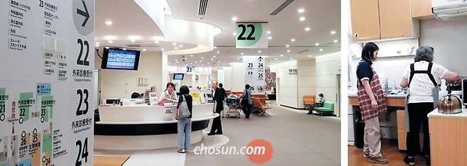 일본 도쿄의 '건강장수의료센터 외래'에는 큼지막한 번호와 화살표로 각종 검사실·진료실이 표시돼 있다.(사진 왼쪽) 진료 대기 순서를 알리는 모니터에도 환자 3명만 크게 띄워 놓고 있다. 사진 오른쪽은 노인들이 혼자 밥 해먹기 훈련 장면/조선일보DB