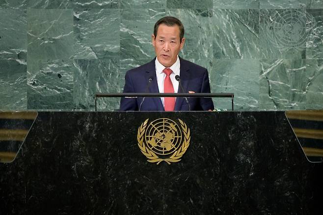 Kim Song, Permanent Representative of the Democratic People's Republic of Korea to the United Nations, addresses the general debate of the General Assembly’s seventy-seventh session. (UN Photo/Manuel Elías)