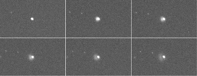 다트 탐사선 충돌 전후 촬영한 영상. 1번은 충돌 직전의 소행성 디모포스, 2-6번은 충돌 직후 먼지가 분출되는 모습을 볼 수 있다.[한국천문연구원 제공]