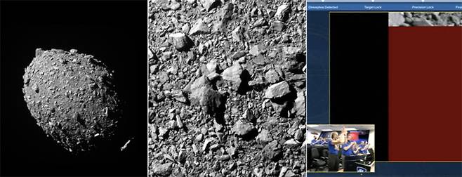 지구로 향하는 소행성의 궤도를 바꾸기 위해 우주선을 충돌시키는 인류 최초의 지구 방어 임무가 처음으로 성공한 가운데 26일(현지시간) 미국 나사(NASA·항공우주국)가 충돌 직전 소행성 디모르포스의 모습을 공개했다. 사진은 왼쪽부터&nbsp;실험 우주선(DART)에 장착된 카메라가 소행성과 각각 68㎞(충돌 11초 전), 12㎞(충돌 2초 전) 남겨뒀을 때 촬영한 2장의 이미지와 마지막 충돌 순간 신호가 끊어지자 지켜보던 과학자·기술진이 환호하는 장면. 나사 제공