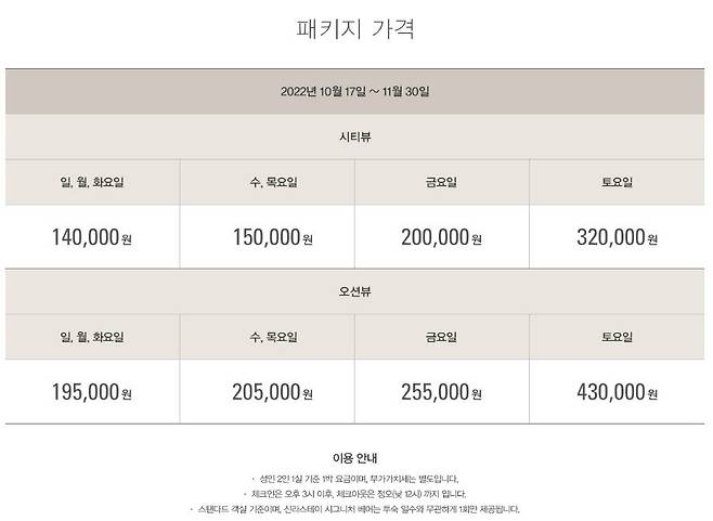 신라스테이 여수 홈페이지에 공지된 가격표. /신라스테이 여수