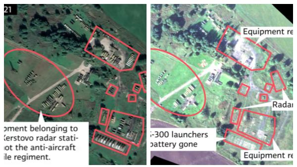 러시아 제2의 도시 상트페테르부르크 인근에 위치했던 지대공 미사일 기지의 2021년 8월 모습(왼쪽)과, 12대의 S-300 미사일 발사대와 레이더, 관련 장비들이 모두 사라진 지난 9월2일의 위성 사진./yle.fi