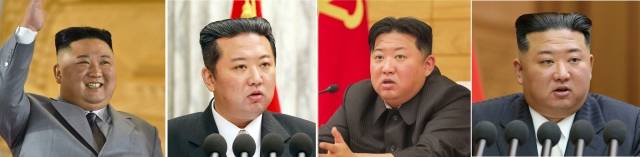 왼쪽부터 차례로 2020년 10월 10일 조선노동당 창건 75주년 경축 열병식, 2021년 12월 28일 당 전원회의, 2022년 5월 12일 당 정치국 협의회, 2022년 9월 9일 정권수립 74주년 행사. 2020년 비대했다가 2021년 체중을 일부 감량했지만 올해 들어 차츰 체중이 증가한 모습이 보인다. 사진 조선중앙통신