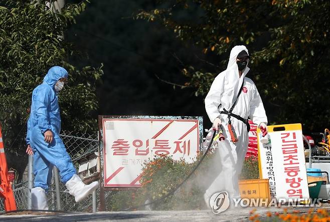 춘천서 아프리카돼지열병 잇따라 발생 지난 20일 강원 춘천시의 한 양돈농가에서 아프리카돼지열병(ASF)이 발생해 방역 당국 관계자가 소독 작업을 하는 모습. [연합뉴스 자료사진]