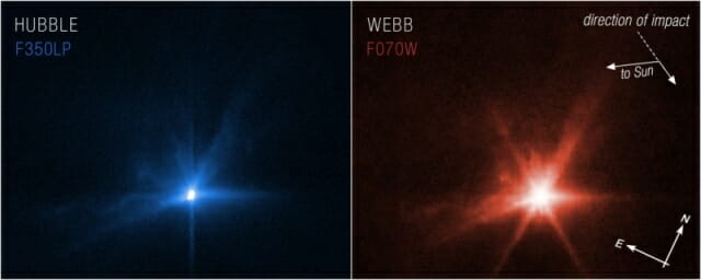 왼쪽 사진은 허블이, 오른쪽 사진은 제임스 웹 우주망원경이 촬영한 디모르시스템의 모습이다. DART 우주선이 소행성과 충돌한 지 몇 시간 후에 촬영됐다. (사진= NASA, ESA, CSA)