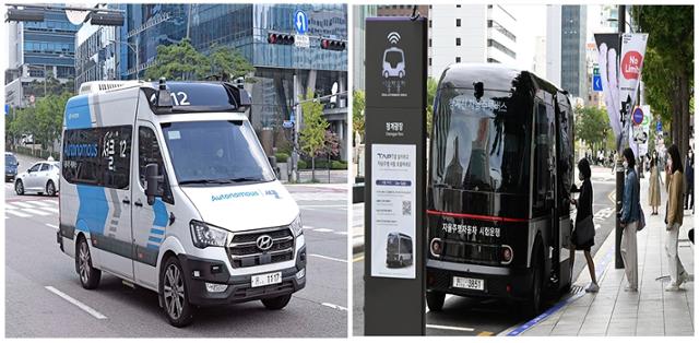 최근 들어 도심 한복판에 현대자동차의 ‘로보셔틀’(왼쪽)과 서울시의 8인승 전기 자율주행 전용버스 등을 포함해 자율주행차량의 시범 서비스 운행 사례가 늘고 있다. 현대차, 배우한 기자