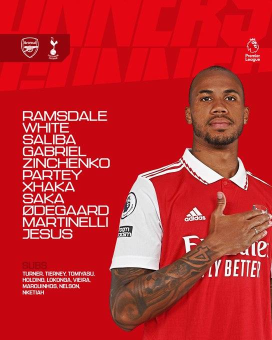 ▲ 아스널의 북런던 더비 선발 라인업. ⓒ아스널 공식