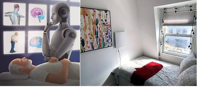 파킨슨병 환자의 침대 앞에 설치된 레이더(오른쪽 사진 흰 장비 ). 인공지능은 레이더에서 나온 전파가 잠을 자는 환자의 몸에서 반사된 형태를 분석해 병세를 판단한다(왼쪽)./미 MIT