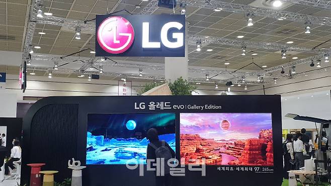 한 방문객이 ‘KES 2022(한국전자전)’에 참가한 LG전자 부스에 비치된 LG 올레드 TV를 관람하고 있다.
