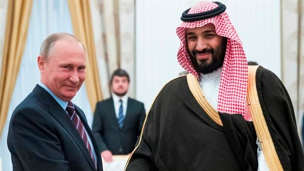 OPEC+의 두 중심축인 빈살만(오른쪽) 사우디 왕세자와 블라디미르 푸틴 러시아 대통령.