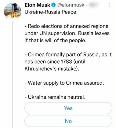 일론 머스크 테슬라 최고경영자(CEO)가 3일(현지시간) 트위터를 통해 우크라이나 평화중재안을 투표를 게재하며 논란이 일고있다. ⓒ일론 머스크 트위터 계정