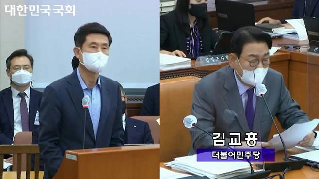 국정감사에 증인으로 출석한 이강덕(왼쪽) 포항시장이 더불어민주당 김교흥 의원의 질의에 답변하고 있다. 포항시 제공