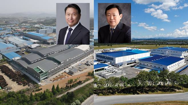 SK넥실리스 정읍공장(좌)과 일진머티리얼즈 말레이시아 공장. 최태원(좌) SK그룹 회장과 신동빈 롯데그룹 회장
