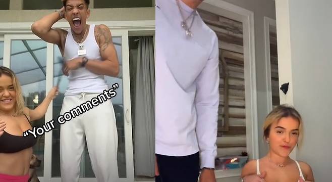 [서울=뉴시스] 소셜미디어(SNS)를 통해 다양한 콘텐츠를 선보이고 있는 에리카-제이크 커플. 영국 데일리스타는 4일(현지시간) 키 차이가 1m에 달하는 조금 특별한 이 커플에 대해 보도했다. (사진출처: 틱톡 영상 캡처) 2022.10.05.  *재판매 및 DB 금지