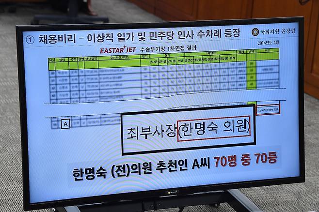 윤창현 국민의힘 국회의원이 지난 4일 서울 여의도 국회에서 열린 정무위원회의 국무조정실, 국무총리비서실 국정감사에서 이스타 항공 관련 질의를 하며 PPT 자료를 공개하고 있다. 공동취재사진