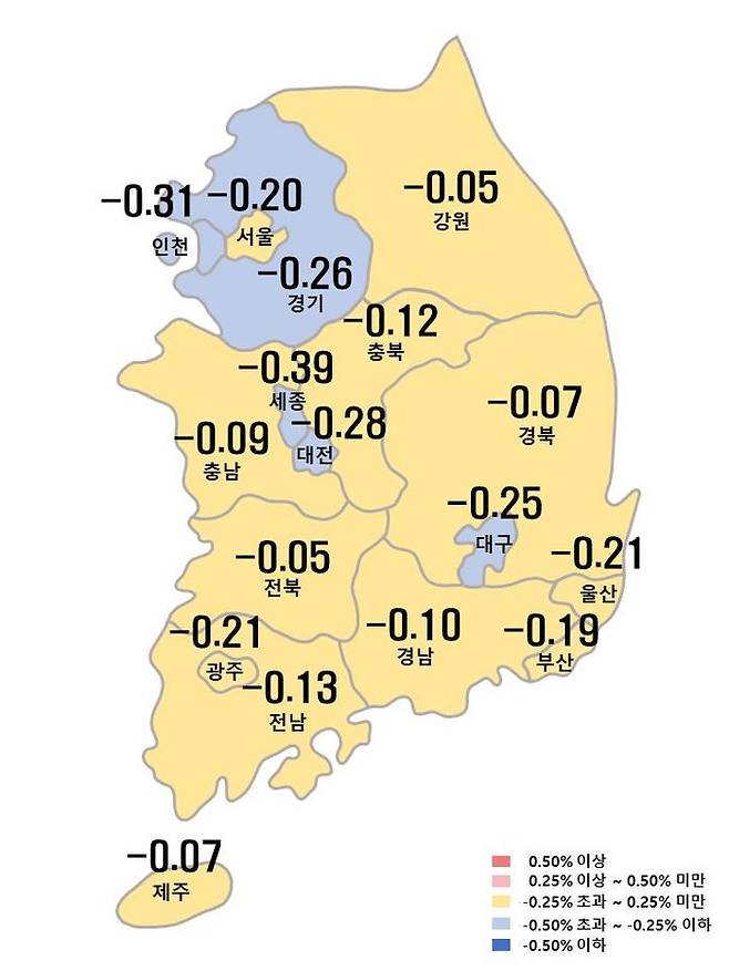 서울 아파트값이 9년10개월여 만에 최대 하락폭을 기록하며 19주 연속 떨어졌다. ⓒ부동산원
