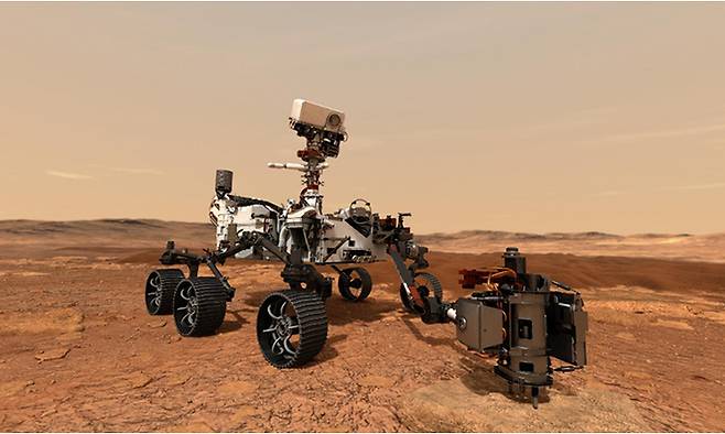 화성 탐사 로버 ‘퍼서비어런스’(Perseverance). 2021년 2월 화성에 성공적으로 착륙해 현재 화성의 흙과 암석 시료를 채취하는 작업을 진행 중이다. 미 나사(NASA·항공우주국) 제공