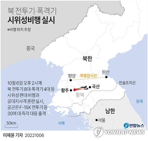 [그래픽] 북 전투기·폭격기 시위성비행 실시 (서울=연합뉴스) 이재윤 기자 = 북한 전투기와 폭격기 등 군용기 12대가 6일 군의 '특별감시선' 이남에서 시위성 편대비행과 공대지사격 훈련을 실시해 공군 F-15K 전투기 등 30여 대가 대응 출격했다.
    군은 북한 전투기 8대와 폭격기 4대 등 12대가 황해도 곡산 일대에서 황주 쪽으로 비행하면서특정지역에서 1시간가량 공대지 사격훈련을 벌인 것으로 추정했다. 
    yoon2@yna.co.kr
    트위터 @yonhap_graphics  페이스북 tuney.kr/LeYN1