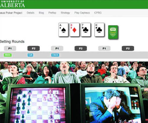 앨버타대 연구팀이 개발한 인공지능 포커 프로그램 ‘케페우스’가 온라인으로 포커 경기를 펼치고 있다(사진 위). 1997년 체스 세계챔피언 개리 카스파로프(오른쪽 아래 화면)와 IBM의 수퍼컴퓨터 ‘딥 블루’가 체스 경기를 하는 장면을 사람들이 지켜보고 있다.