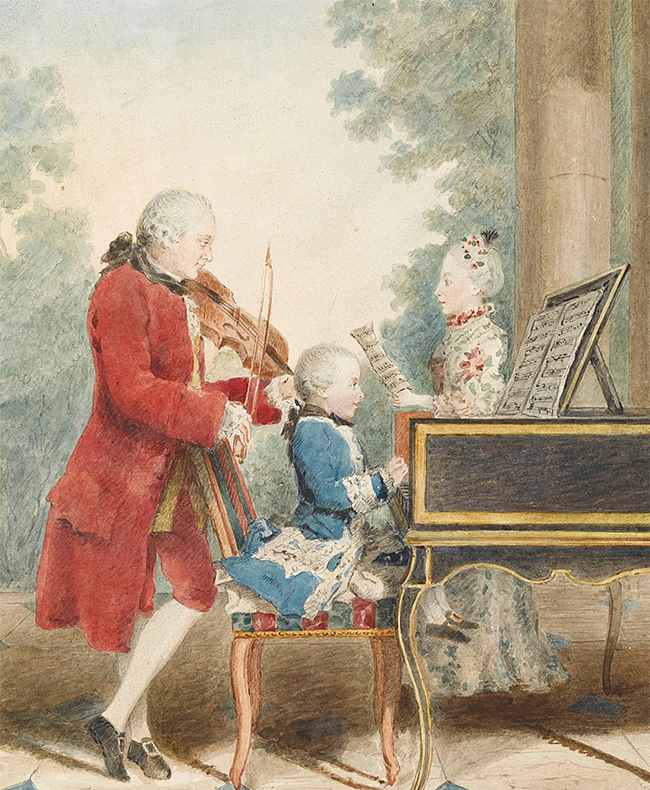 18세기 후반에 활동한 프랑스 화가, 루이스 카로지스 카몬텔 (Louis Carrogis Carmontelle)이 그린 ‘여행 중인 모차르트 가족 (The Mozart family on tour)’. 사진 위키피디아