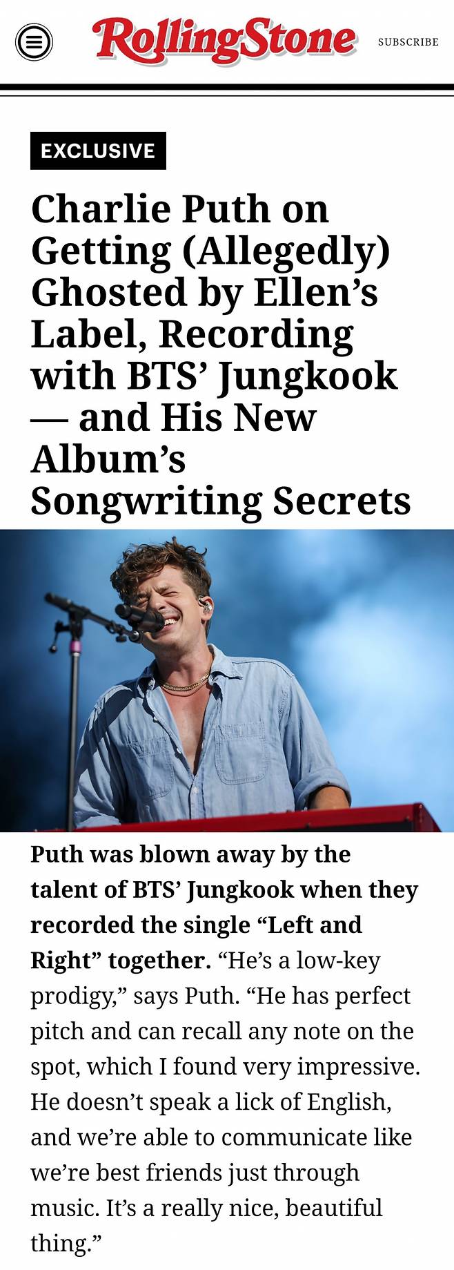 "방탄소년단 정국, 절대음감..숨겨진 겸손한 천재" 찰리푸스 美롤링스톤 인터뷰