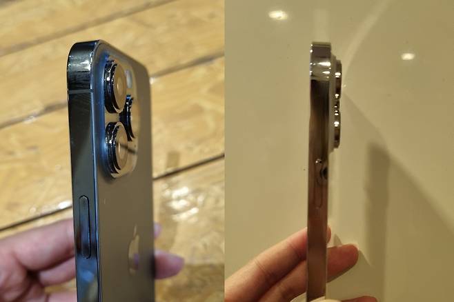 아이폰13 프로(왼쪽)와 아이폰14 프로(오른쪽) 카메라 모듈. 육안으로 보기에도 아이폰14 프로 카툭튀 현상이 더 심해졌다. [독자 제공]