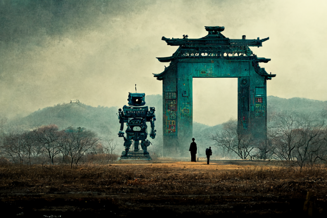 기자가 지난 7일 이미지 제작 인공지능(AI) 미드저니로 제작한 이미지. /imagine이라는 명령어를 넣으면 문자 그대로 몇 분 안에 그림을 찍어낸다. 이 이미지는 /imagine A big robot in front of a Korean traditional gate라는 명령어로 제작했다. 김민호 기자