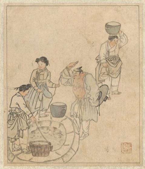 풍속화가 김홍도의 ‘우물가’. 보물로 지정된 『단원 풍속도첩』에 포함됐다. 조선시대 우물은 일상의 중심지 중 하나였다. 마을 자치 규약을 어기면 우물을 함께 쓰지 못하게도 했다. [사진 국립중앙박물관]