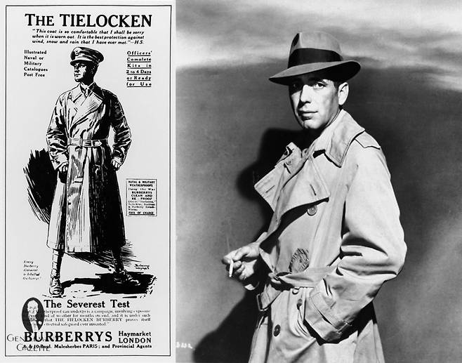 왼쪽은 버버리 트렌치 코트의 전신인 타이로켄 코트 광고. 단추 대신 허리띠로 옷을 고정했다. 어깨 견장, 소매 스트랩 등 트렌치 코트의 디테일이 추가되기 이전의 형태다. 디테일이 추가된 트렌치 코트(오른쪽)과 비교하면 타이로켄 코트의 단순함을 알 수 있다. 우측 사진 속 트렌치 코트 차림 사내는 영화 ‘카사블랑카’(1942) 속 험프리 보가트. [게티이미지]