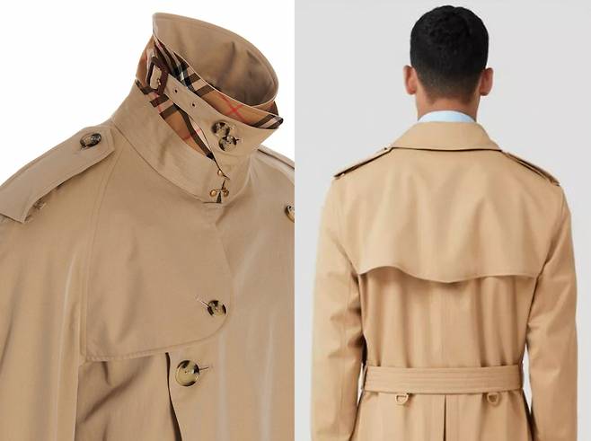 남성용 트렌치 코트. 왼쪽 사진은 어깨 견장과 왼쪽 가슴팍에 달린 건플랩(gun flap), 옷깃에 부착된 스로트 래치(throat latch) 디테일을 보여준다. 오른쪽 사진엔 옷 뒷면에 달린 작은 케이프, 허리띠와 이에 부착한 금속 재질의 D링이 있다. 1차 세계대전 당시 추가됐던 디테일이 버버리 트렌치 코트가 일상복으로 자리 잡은 뒤에도 여전히 구현한 모습.[버버리 홈페이지]