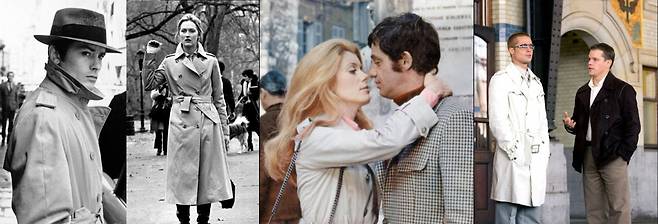 트렌치 코트를 입은 할리우드·프랑스 배우들. 왼쪽부터 알랭 들롱, 메릴 스트립, 캐서린 드뇌브와 장 폴 벨몽도, 브래드 피트와 맷 데이먼. [게티이미지]