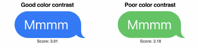 사진= 파란색 배경의 흰색 글씨의 WCAG는 3.91, 녹색 배경에 흰색 글씨의 WCAG는 2.18이 나왔다.