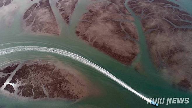 신안갯벌의 물고랑 사이로 한척의 배가 포말을 그리며 이동하고 있다.