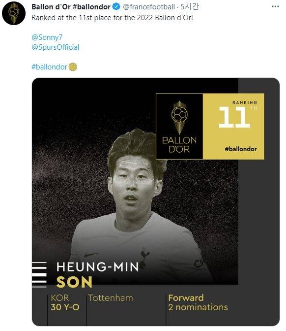 발롱도르 11위에 오른 손흥민 [발롱도르 트위터 캡처. 재판매 및 DB 금지]
