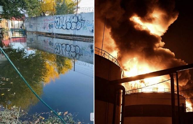 17일(이하 현지시간) 러시아의 자폭 드론이 남부 항구도시 미콜라이우의 해바라기유 탱크를 공격하면서 대규모 기름 유출과 화재가 발생했다.