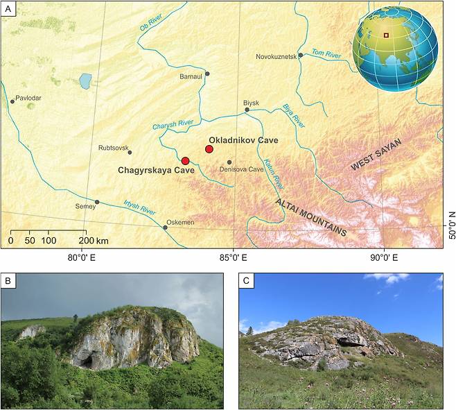시베리아의 차기르스카야, 오클라드니코프 동굴(지도의 붉은 점)에서 네안데르탈인 13명의 화석이 무더기로 발굴됐다(A). 아래 왼쪽은 입구가 북쪽으로 향한 차기르스카야 동굴이며(B), 오른쪽은 남쪽으로 열린 오클라드니코프 동굴이다(C)./Nature