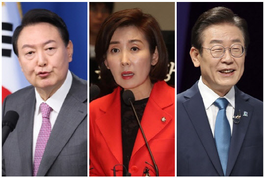 (왼쪽부터) 윤석열 대통령, 나경원 전 국회의원, 이재명 더불어민주당 대표. <연합뉴스>