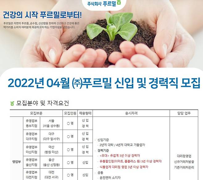 올해 4월  한 채용 사이트에 올라온 푸르밀 신입경력사원 모집공고.