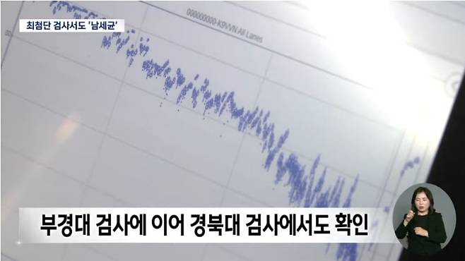 지난 21일 대구MBC가 마이크로바이옴 검사법을 통해 대구 현풍읍 한 가정집 수돗물 필터를 조사한 결과 남세균 DNA가 발견됐다고 한 보도의 한 장면. 대구MBC는 부경대 이승준 교수팀, 경북대 신재호 교수팀에게 각각 수돗물 필터를 맡겨 DNA 검사결과를 받아 보도했다. 그러나 두 교수팀 연구결과는 독성을 가진 '살아있는 남조류'가 들어있는지는 알 수 없는 검사법에 따른 것으로, 해당 주장을 입증하려면 '공인시험방법'에서도 똑같은 결과가 나와야하지만 대구MBC는 공식적인 방법으론 한 차례도 '수돗물 남세균' 주장을 입증하지 못하고 있다. /대구MBC