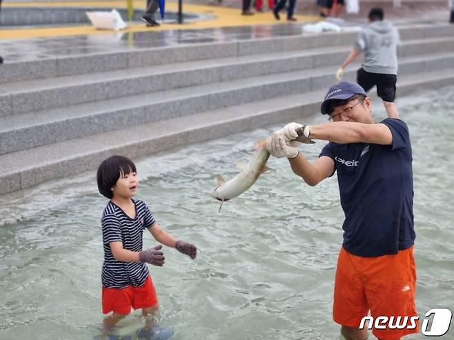 28일 강원 양양군 남대천 일원에 마련된 2022 양양연어축제 연어맨손잡기 체험행사에 참여한 방문객들이 잡은 연어를 들어올리고 있다. 2022.10.28/뉴스1 ⓒ News1 윤왕근 기자