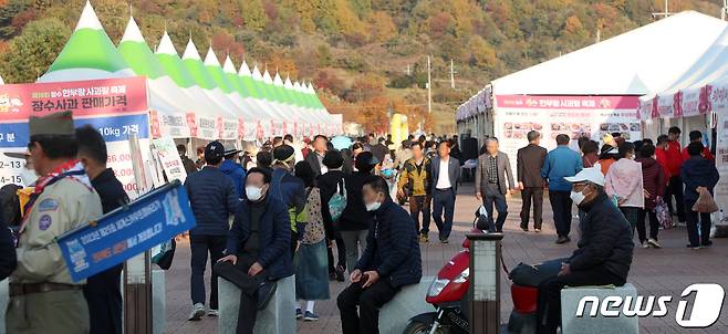 제16회 장수 한우랑 사과랑 축제가 한창인 28일 전북 장수군 의암공원 및 누리파크 일원에 마련된 행사장이 방문객들로 북적이고 있다. 2022.10.28/뉴스1 ⓒ News1 유경석 기자