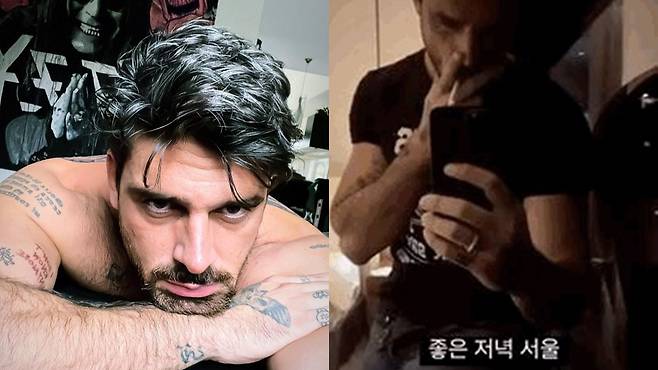 이탈리아 배우 미켈레 모로네가 서울의 한 특급호텔 객실에서 흡연하는 영상을 27일 자신의 인스타그램에 올렸다. /인스타그램