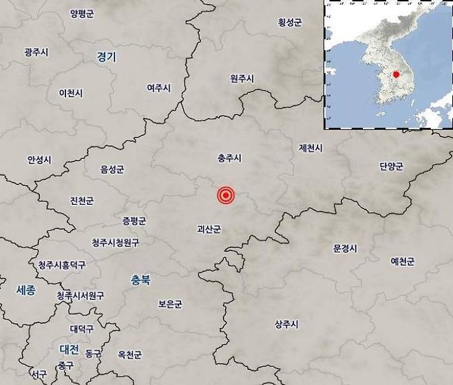 [괴산=뉴시스] 강신욱 기자 = 29일 오전 8시27분49초에 괴산군 북동쪽 11㎞ 지역(북위 36.88, 동경 127.88) 장연면 조곡리에서 규모 4.1의 지진이 발생했다. (사진=기상청 제공) 2022.10.29. photo@newsis.com *재판매 및 DB 금지