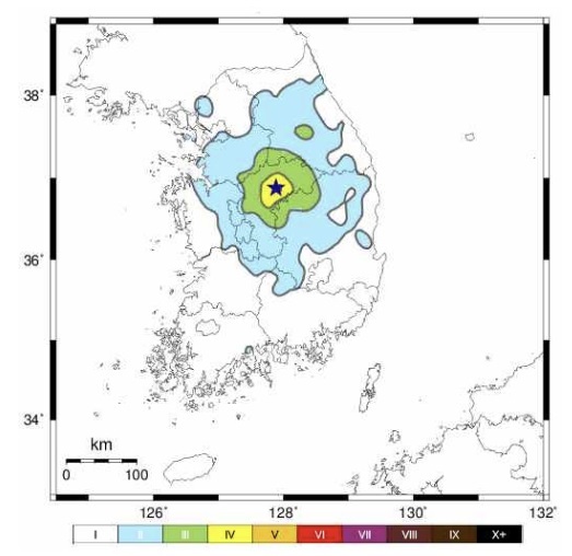 29일 규모 4.1의 지진이 발생한 충북 괴산군(별표) 위치 및 진도. 기상청 제공 