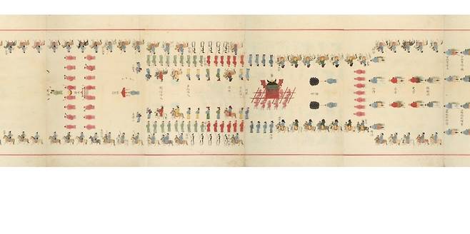 1681년 숙종 임금이 인현왕후 민씨를 계비로 맞는 가례(혼례) 과정 등을 기록한 의궤인 ‘숙종인현왕후가례도감의궤’에 수록된 반차도의 일부. 국립중앙박물관 제공