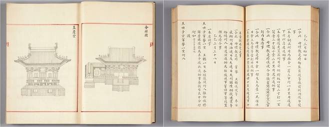 경희궁(서궐) 재건축 과정을 담은 ‘서궐영건도감의궤’(1832년, 왼쪽)와 영조 임금 당시 효장세자를 왕세자로 책봉하는 의례를 기록한 ‘효장세자책례도감의궤(1725년)’. 국립중앙박물관 제공