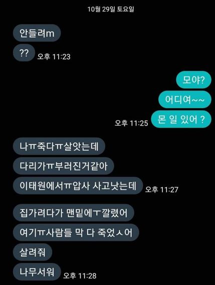 이태원 사고 당시 장모씨와 딸이 주고받은 문자메시지. 출처=뉴시스