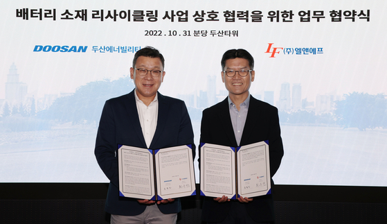 Song Yong-jin, left, head of strategic innovation division at Doosan Enerbility and Choi Su-an, L&F CEO pose during a signing ceremony at Bundang Doosan Tower in Seongnam, Gyeonggi, Monday. [DOOSAN ENERBILITY]