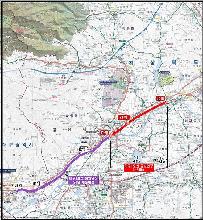 [안동=뉴시스] 대구1호선 하양~영천(금호) 노선도. (그래픽=경북도 제공) 2022.11.01 *재판매 및 DB 금지